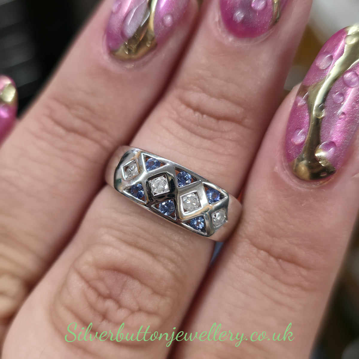 9ct White gold Geometric Cut Out Round Cut Diamond And Sapphire Wide Ring