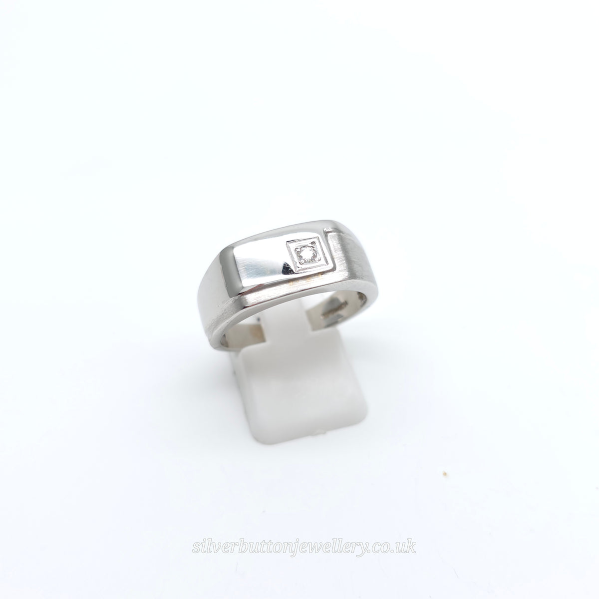 9ct White Gold Large Wide Gents Mixed Texture Diamond Set Signet Style Band Ring