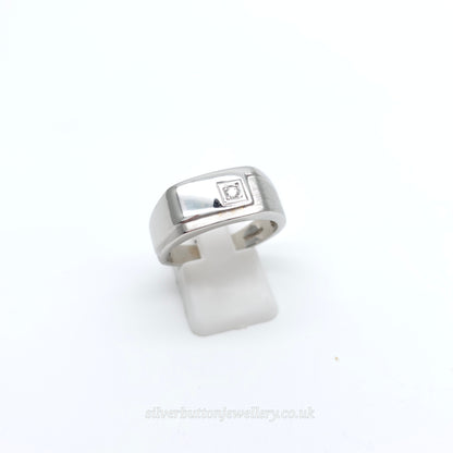 9ct White Gold Large Wide Gents Mixed Texture Diamond Set Signet Style Band Ring