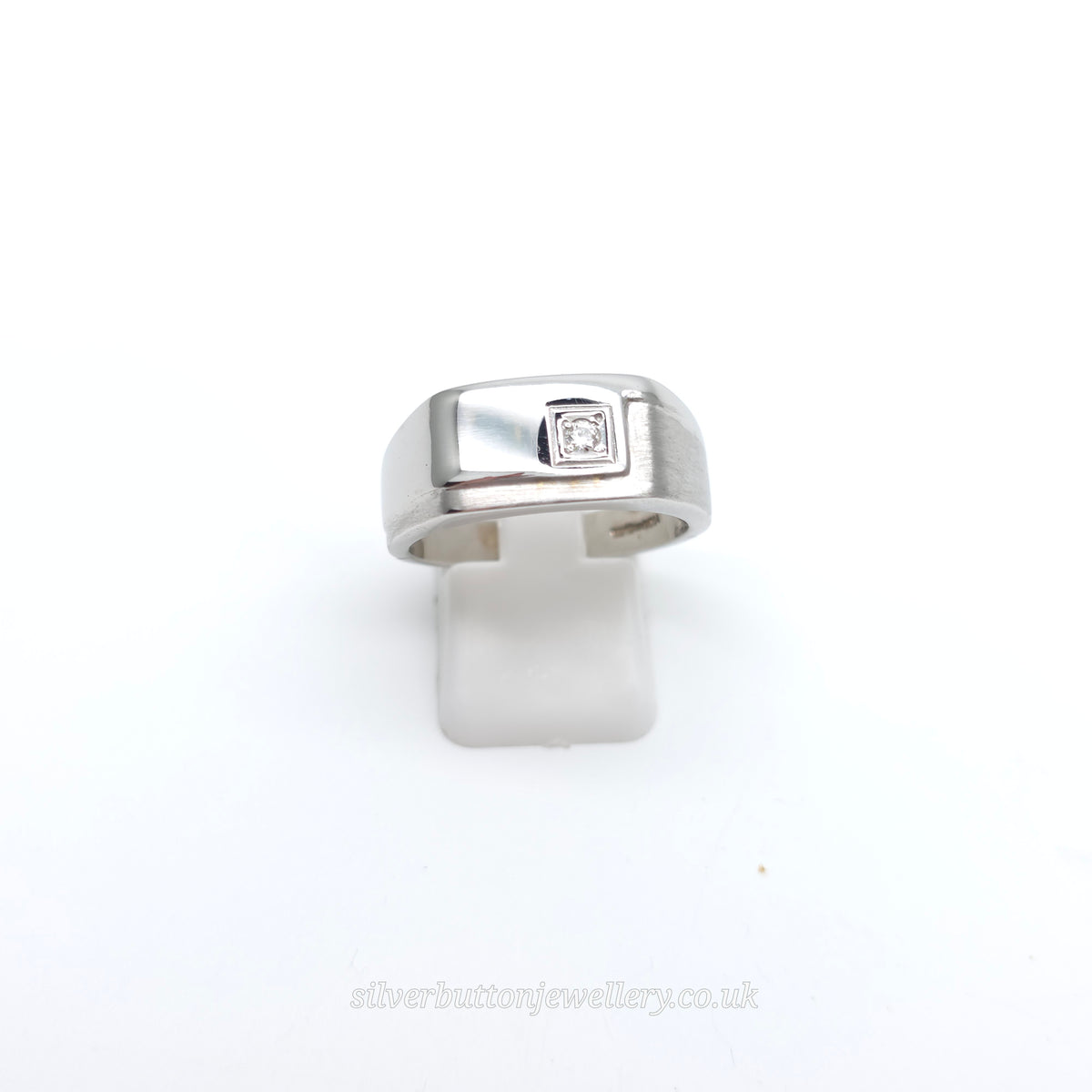 9ct White Gold Large Wide Gents Mixed Texture Diamond Set Signet Style Band Ring