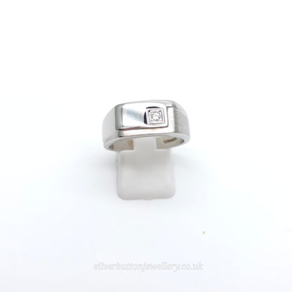 9ct White Gold Large Wide Gents Mixed Texture Diamond Set Signet Style Band Ring