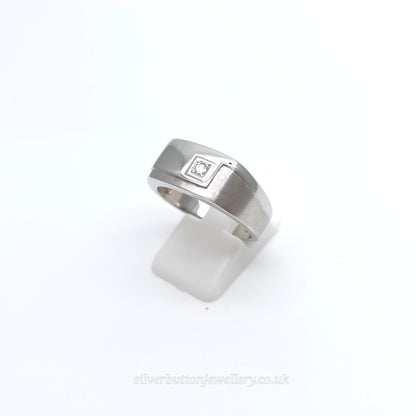 9ct White Gold Large Wide Gents Mixed Texture Diamond Set Signet Style Band Ring
