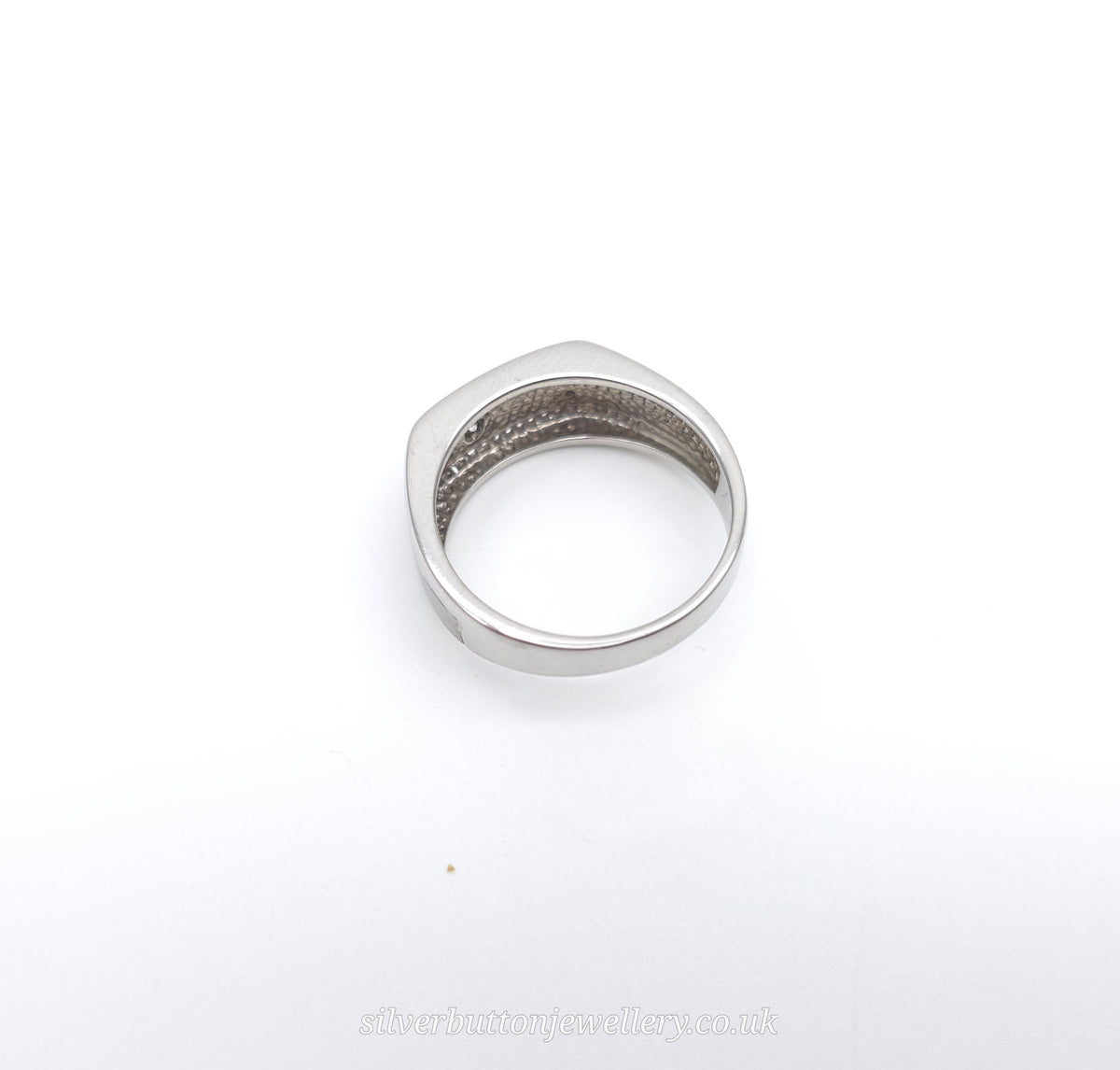 9ct White Gold Large Wide Gents Mixed Texture Diamond Set Signet Style Band Ring