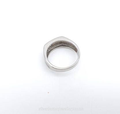 9ct White Gold Large Wide Gents Mixed Texture Diamond Set Signet Style Band Ring
