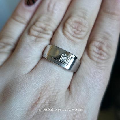 9ct White Gold Large Wide Gents Mixed Texture Diamond Set Signet Style Band Ring
