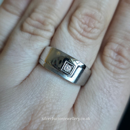 9ct White Gold Large Wide Gents Mixed Texture Diamond Set Signet Style Band Ring