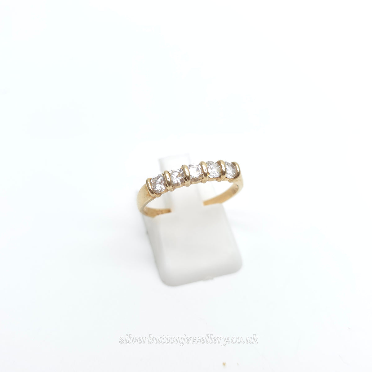 9ct Yellow Gold Vintage Five Round Cut White Stone Row Ring