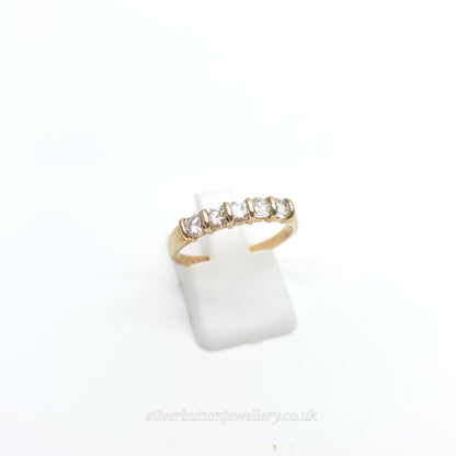 9ct Yellow Gold Vintage Five Round Cut White Stone Row Ring