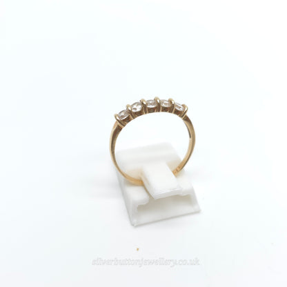 9ct Yellow Gold Vintage Five Round Cut White Stone Row Ring