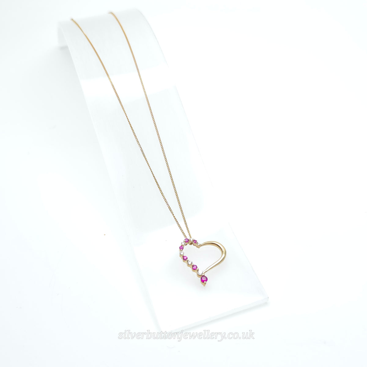 9ct Yellow Gold Openwork Heart Pendant With Diamonds & Pinky Red Stones Necklace
