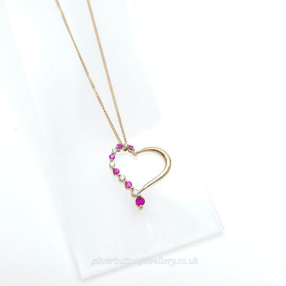 9ct Yellow Gold Openwork Heart Pendant With Diamonds & Pinky Red Stones Necklace
