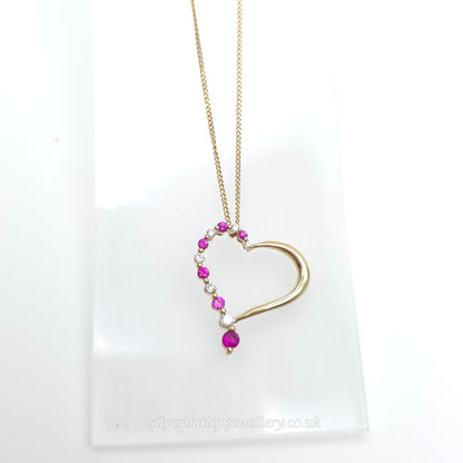 9ct Yellow Gold Openwork Heart Pendant With Diamonds & Pinky Red Stones Necklace