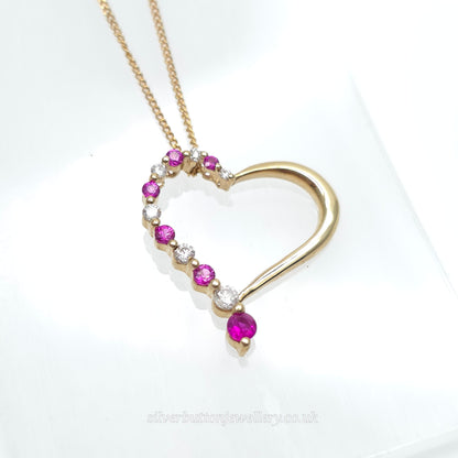 9ct Yellow Gold Openwork Heart Pendant With Diamonds & Pinky Red Stones Necklace