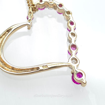 9ct Yellow Gold Openwork Heart Pendant With Diamonds & Pinky Red Stones Necklace