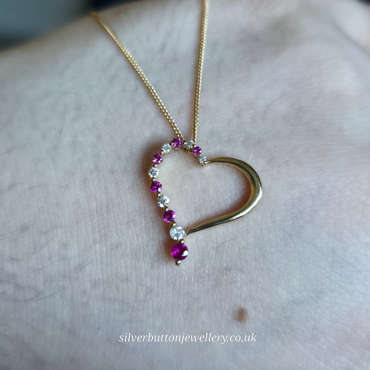 9ct Yellow Gold Openwork Heart Pendant With Diamonds & Pinky Red Stones Necklace