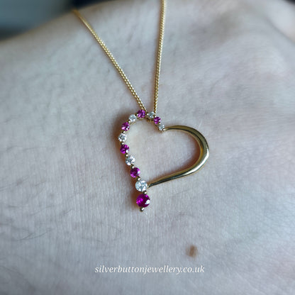 9ct Yellow Gold Openwork Heart Pendant With Diamonds & Pinky Red Stones Necklace