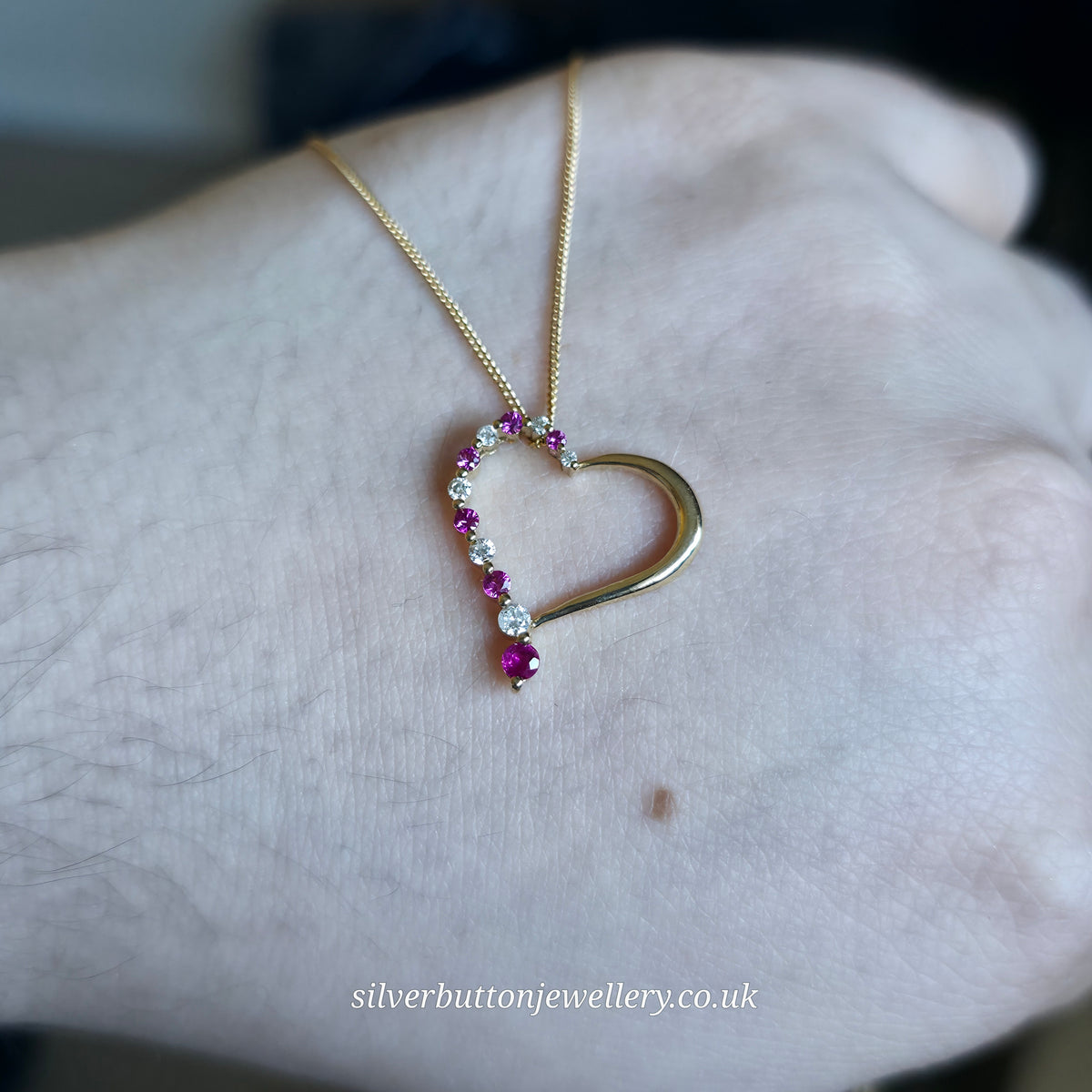 9ct Yellow Gold Openwork Heart Pendant With Diamonds & Pinky Red Stones Necklace