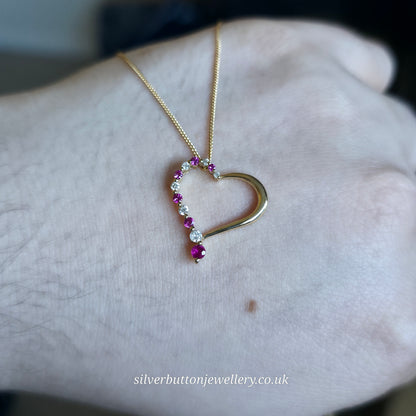 9ct Yellow Gold Openwork Heart Pendant With Diamonds & Pinky Red Stones Necklace