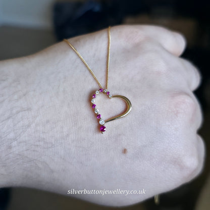 9ct Yellow Gold Openwork Heart Pendant With Diamonds & Pinky Red Stones Necklace