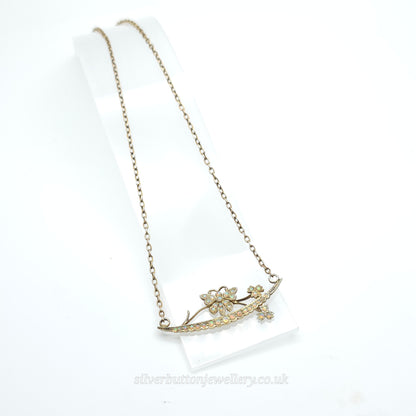 9ct Yellow Gold Antique Opal Set Butterfly On Branch Floral Bar Necklace