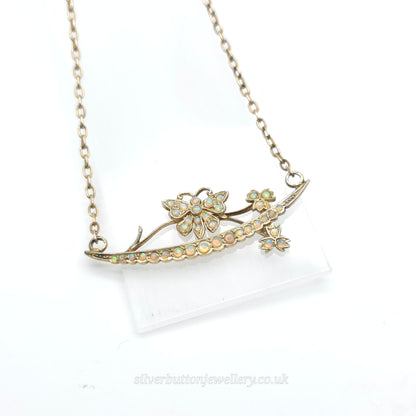 9ct Yellow Gold Antique Opal Set Butterfly On Branch Floral Bar Necklace