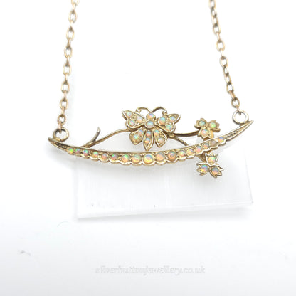 9ct Yellow Gold Antique Opal Set Butterfly On Branch Floral Bar Necklace