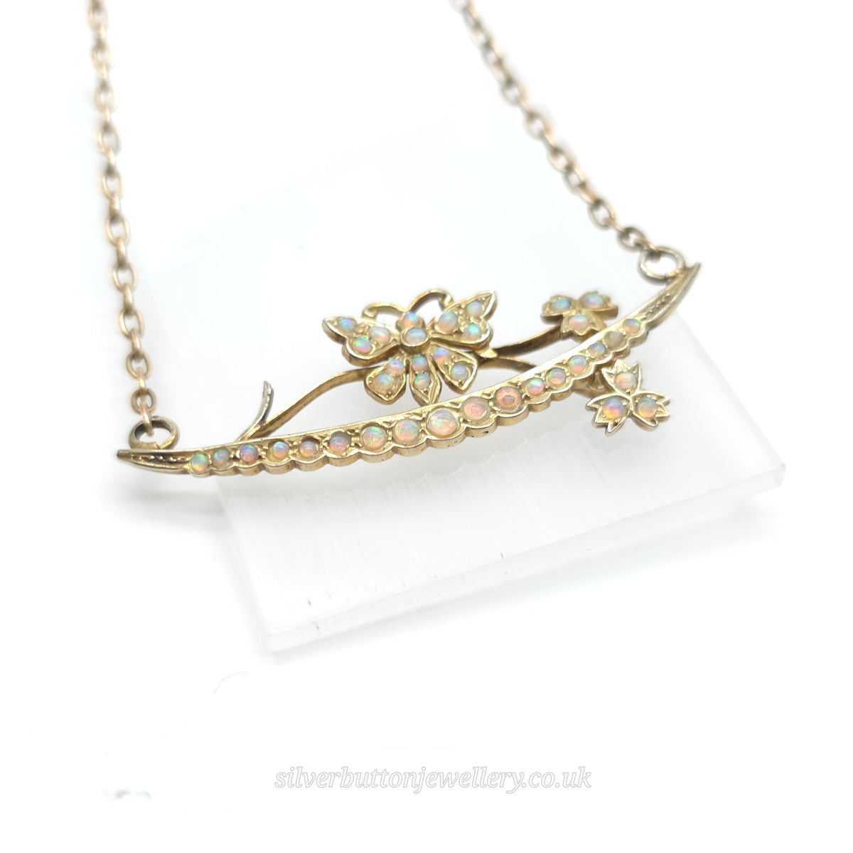 9ct Yellow Gold Antique Opal Set Butterfly On Branch Floral Bar Necklace