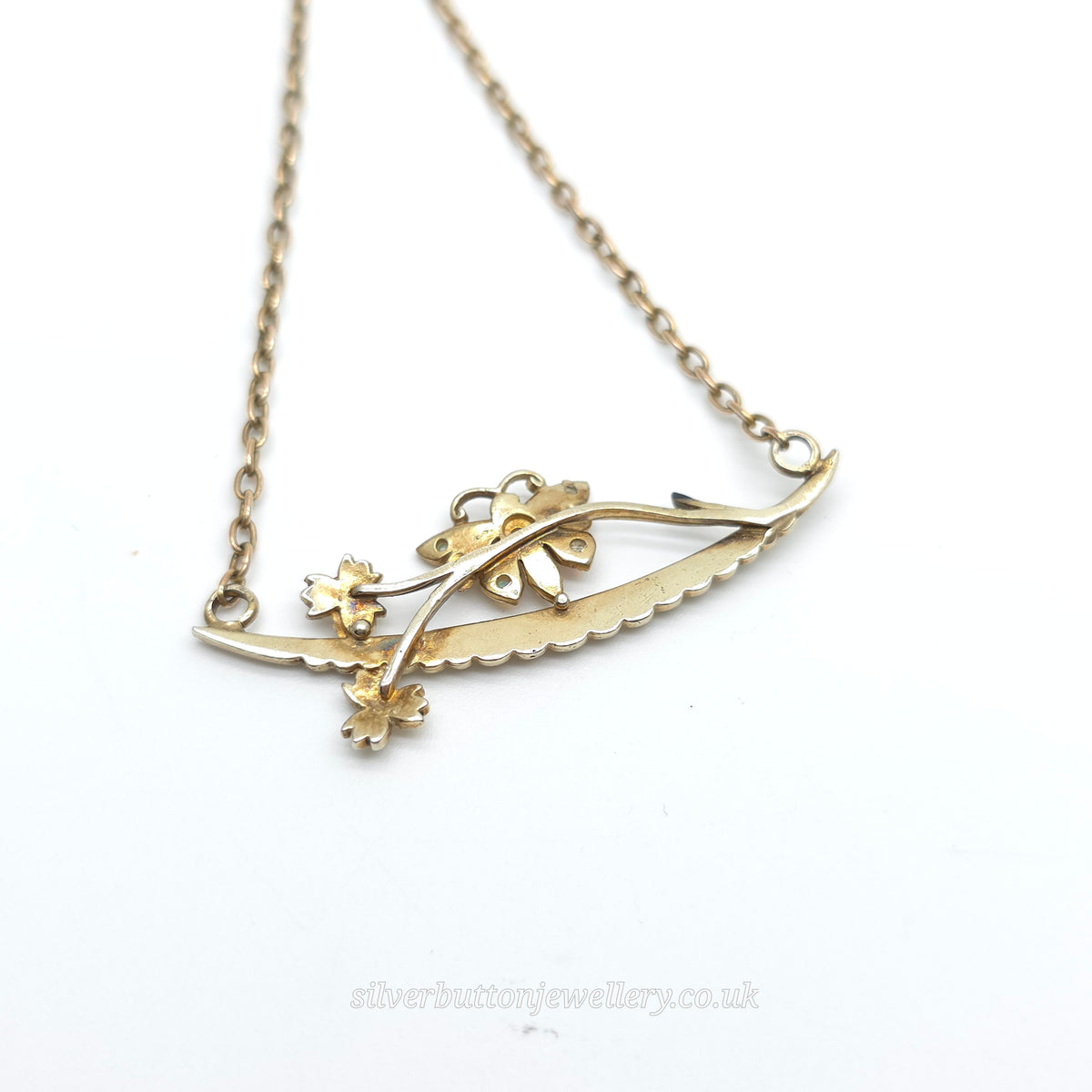 9ct Yellow Gold Antique Opal Set Butterfly On Branch Floral Bar Necklace