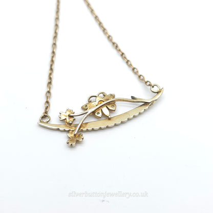 9ct Yellow Gold Antique Opal Set Butterfly On Branch Floral Bar Necklace