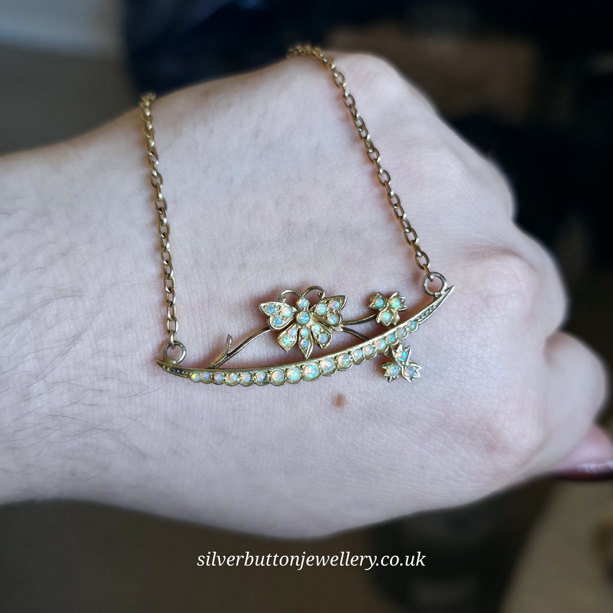 9ct Yellow Gold Antique Opal Set Butterfly On Branch Floral Bar Necklace
