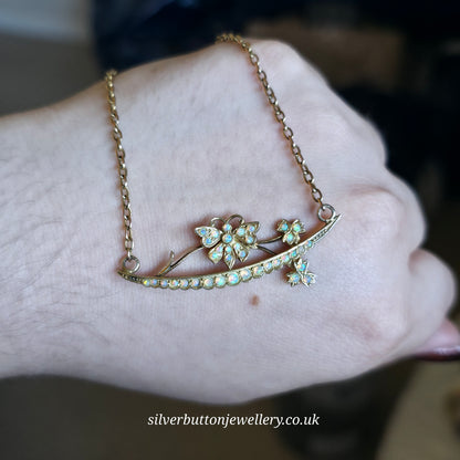 9ct Yellow Gold Antique Opal Set Butterfly On Branch Floral Bar Necklace