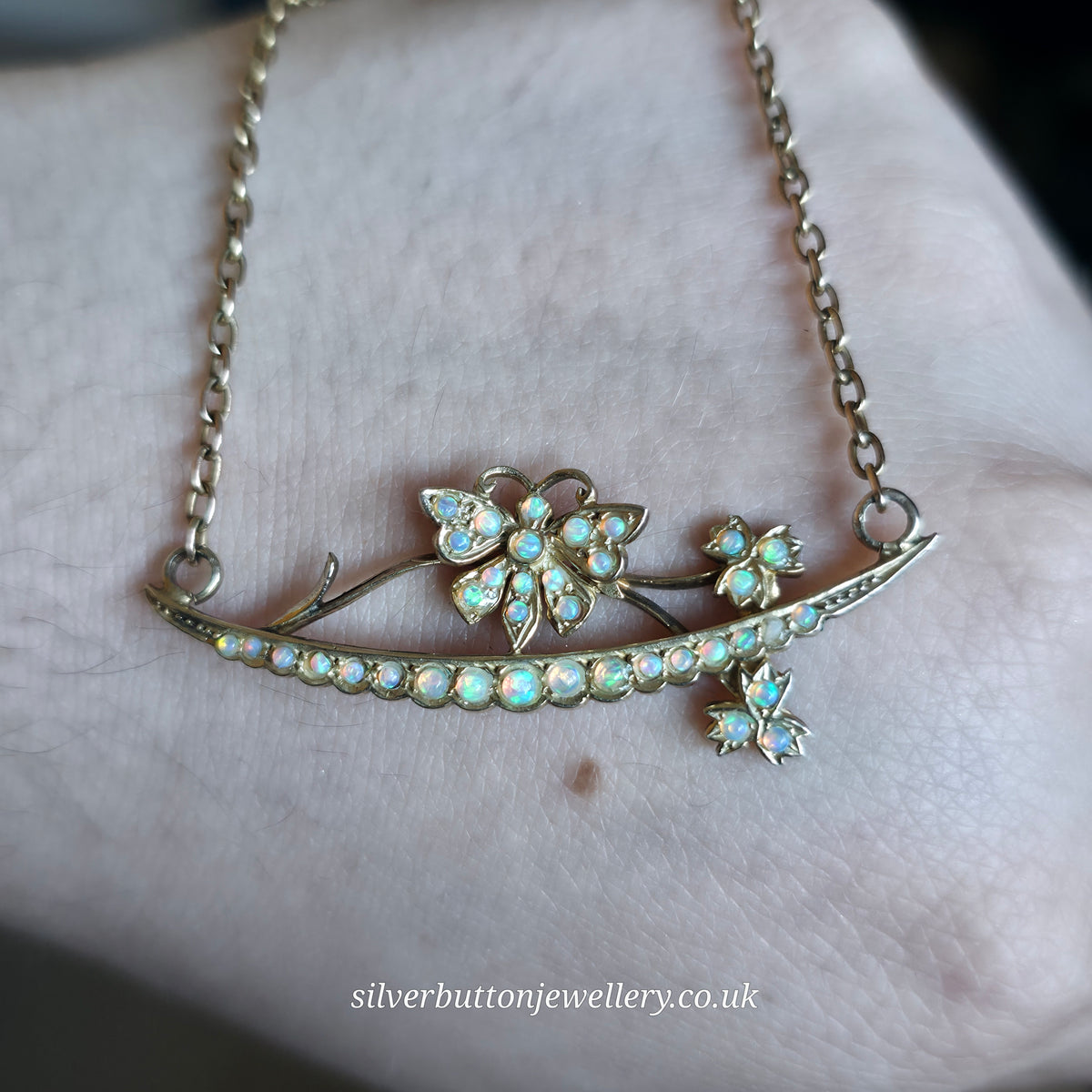9ct Yellow Gold Antique Opal Set Butterfly On Branch Floral Bar Necklace