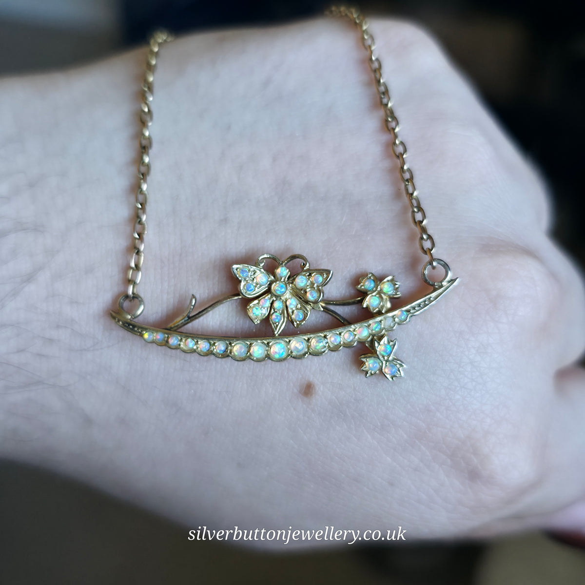9ct Yellow Gold Antique Opal Set Butterfly On Branch Floral Bar Necklace