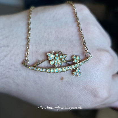 9ct Yellow Gold Antique Opal Set Butterfly On Branch Floral Bar Necklace