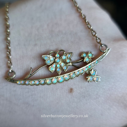 9ct Yellow Gold Antique Opal Set Butterfly On Branch Floral Bar Necklace