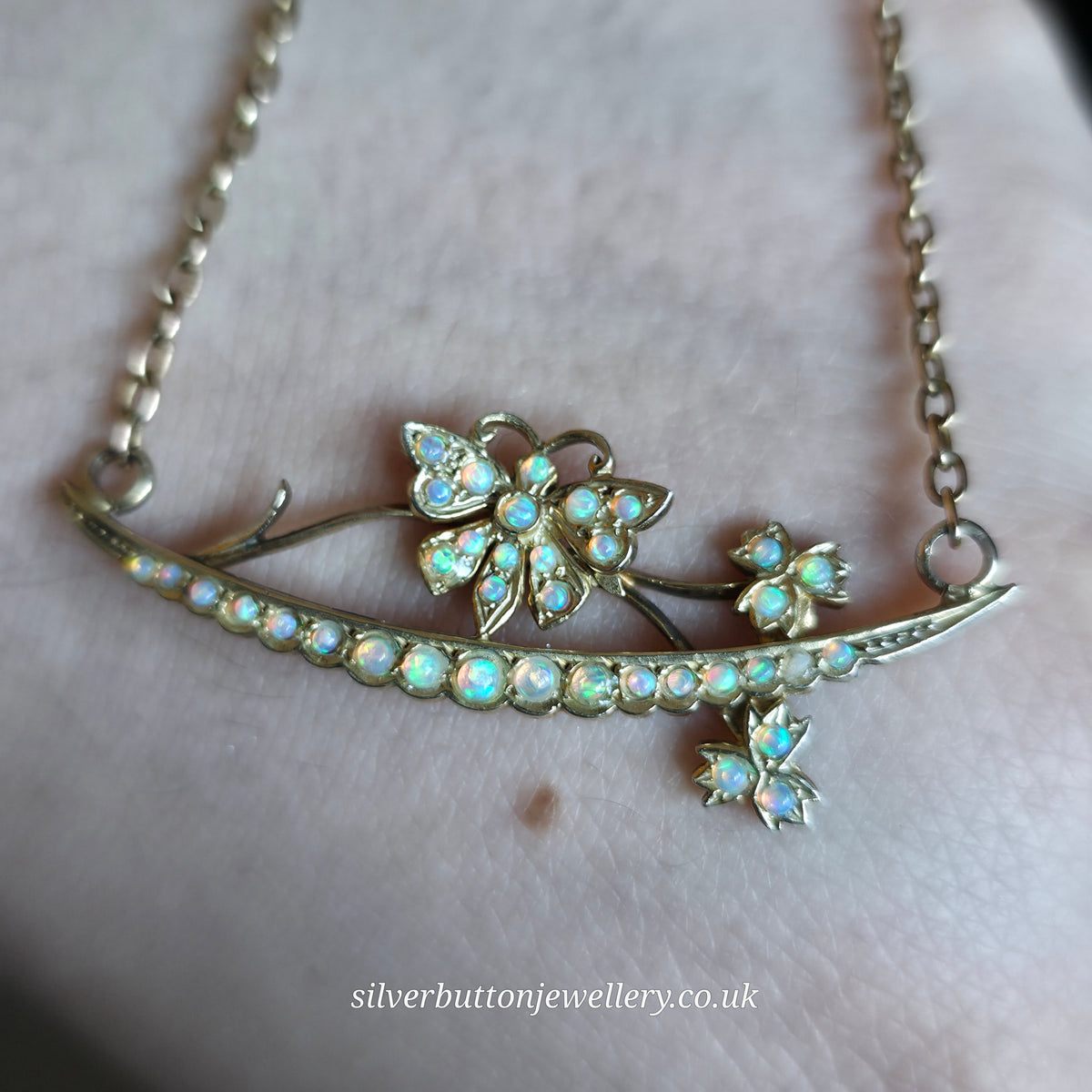 9ct Yellow Gold Antique Opal Set Butterfly On Branch Floral Bar Necklace