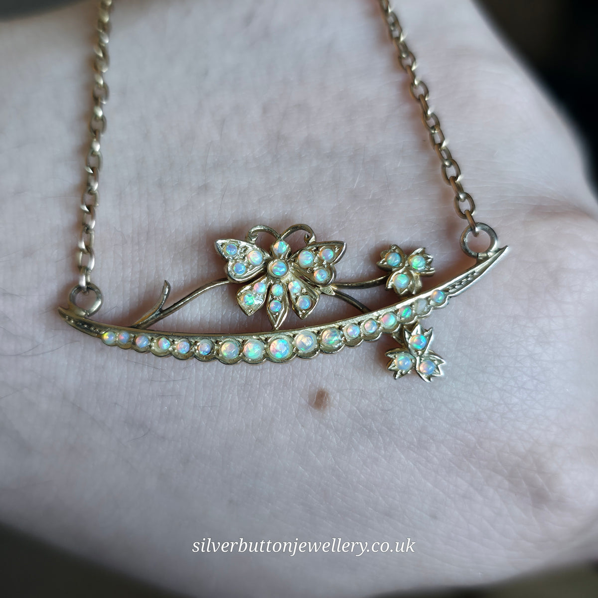 9ct Yellow Gold Antique Opal Set Butterfly On Branch Floral Bar Necklace