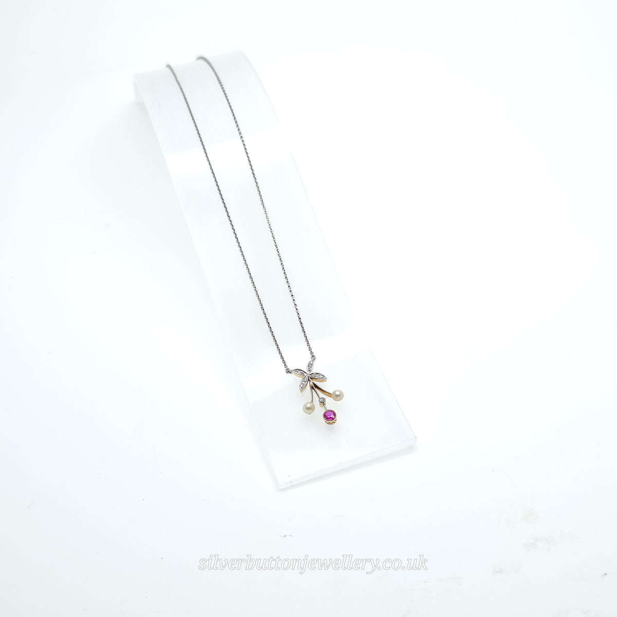 18ct White Gold Antique Style Ruby , Diamond And Pearl Pendant Necklace
