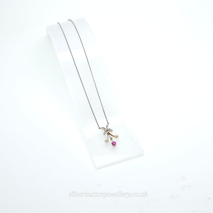 18ct White Gold Antique Style Ruby , Diamond And Pearl Pendant Necklace