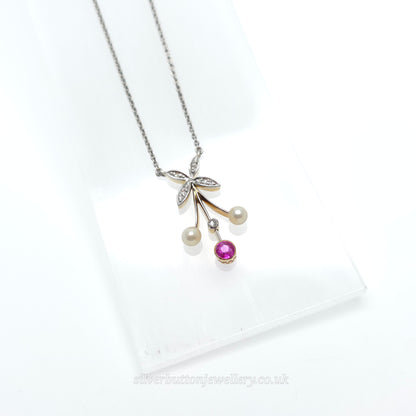 18ct White Gold Antique Style Ruby , Diamond And Pearl Pendant Necklace