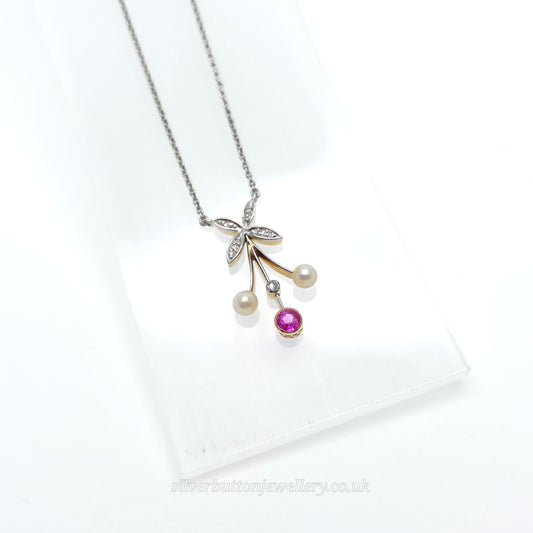 18ct White Gold Antique Style Ruby , Diamond And Pearl Pendant Necklace
