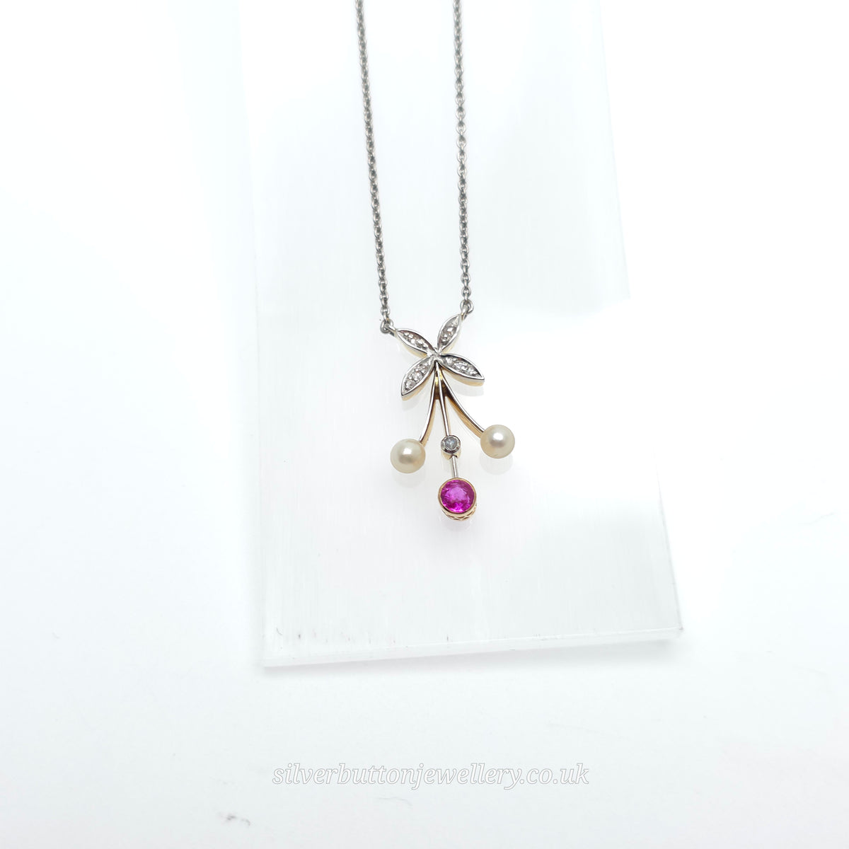 18ct White Gold Antique Style Ruby , Diamond And Pearl Pendant Necklace