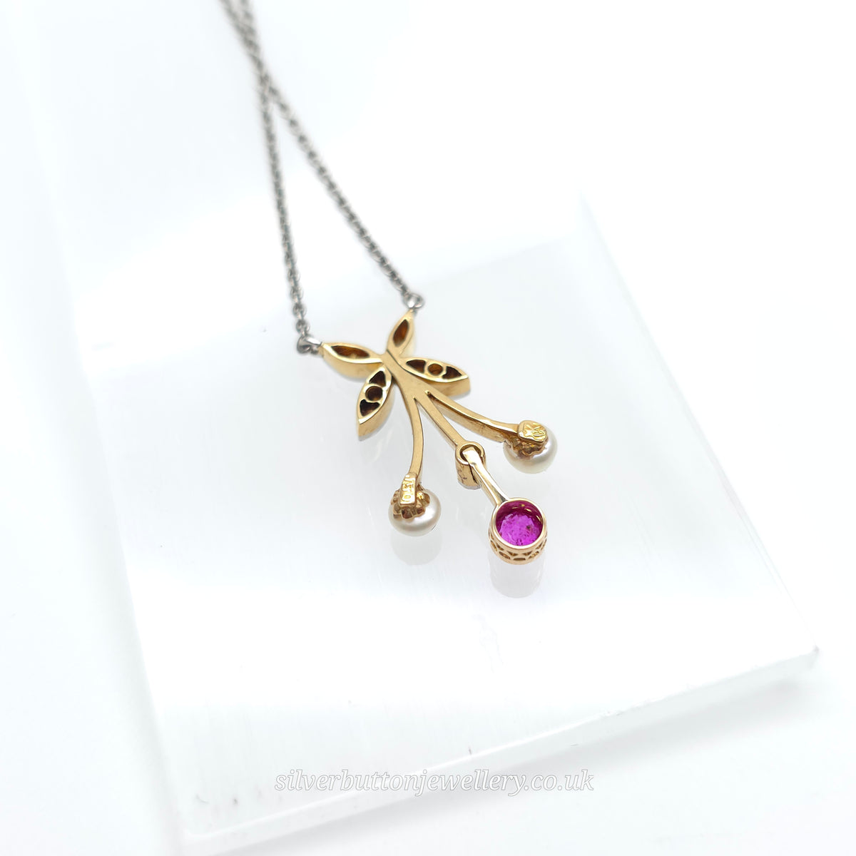 18ct White Gold Antique Style Ruby , Diamond And Pearl Pendant Necklace