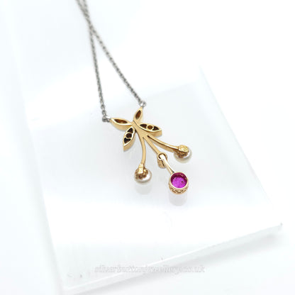 18ct White Gold Antique Style Ruby , Diamond And Pearl Pendant Necklace
