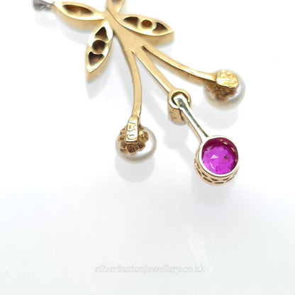 18ct White Gold Antique Style Ruby , Diamond And Pearl Pendant Necklace