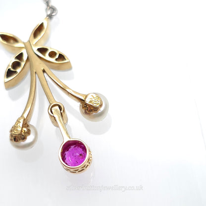 18ct White Gold Antique Style Ruby , Diamond And Pearl Pendant Necklace