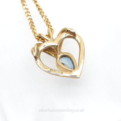 9ct Yellow Gold Pear Cut Blue Topaz Open Heart Pendant And Chain Necklace