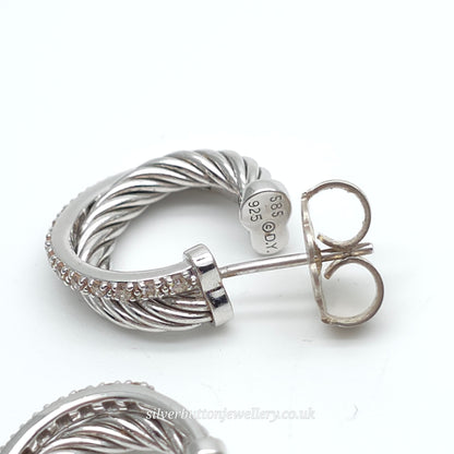 14ct White Gold & Sterling Silver David Yurman Diamond Twisted Crossover Hoops