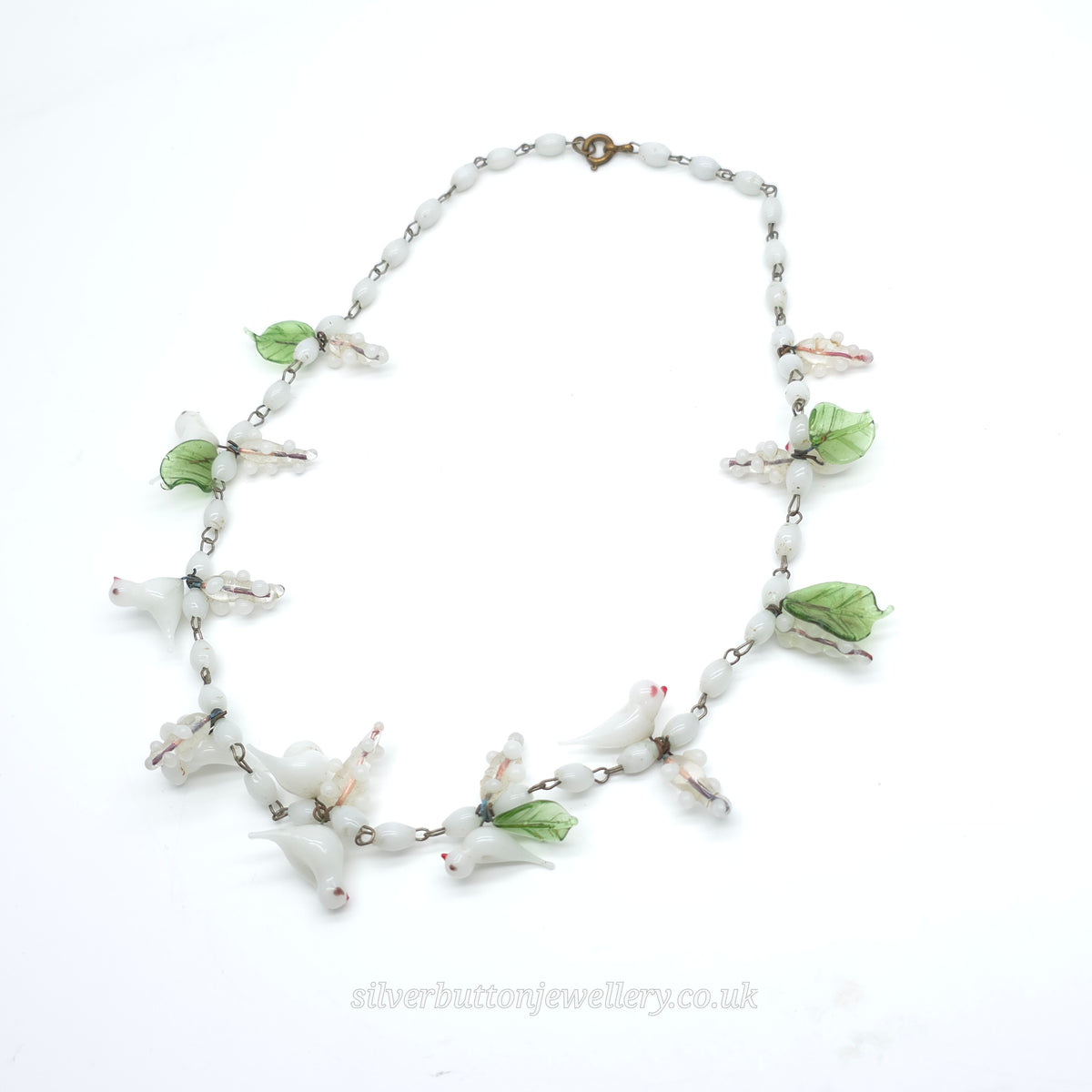 Antique / Vintage White Murano Glass Bird And Green Leaf Necklace