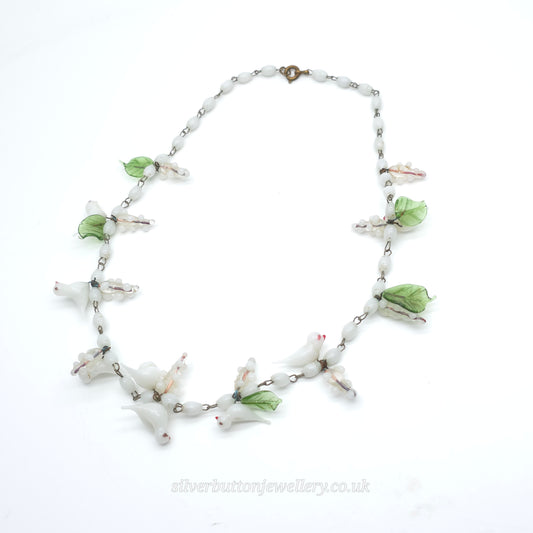 Antique / Vintage White Murano Glass Bird And Green Leaf Necklace